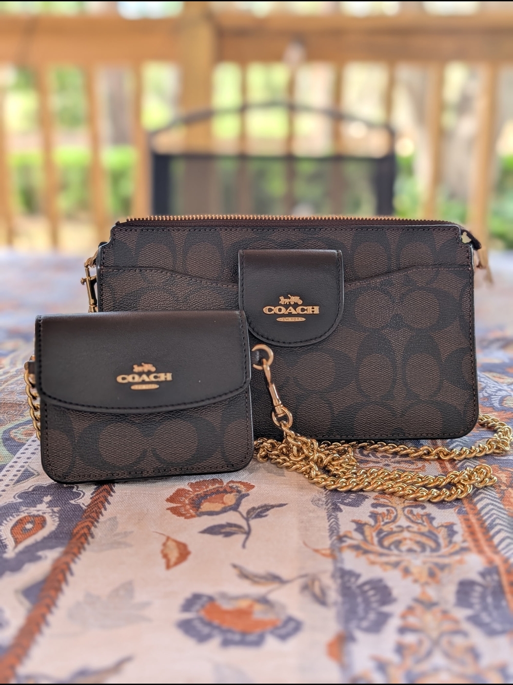 Coach Black Signature Canvas Double Pouch Crossbody with Gold Chain